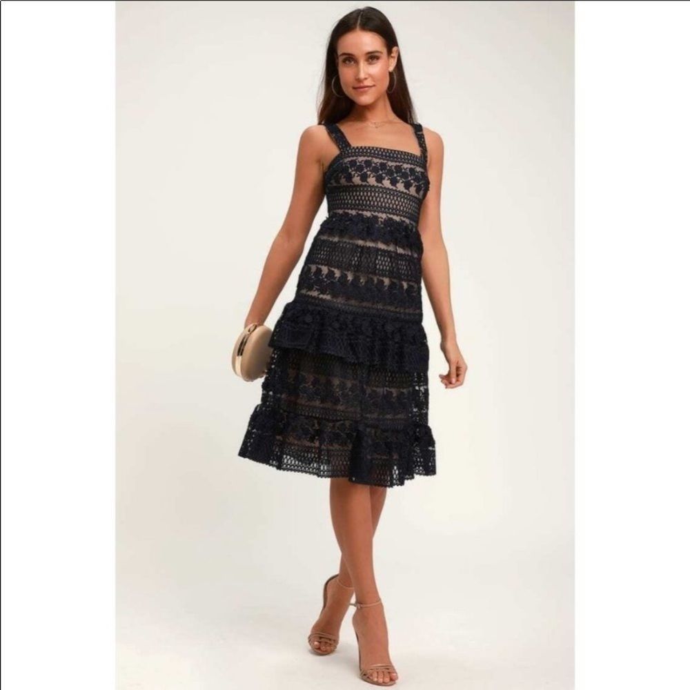Lulu’s Navy Eretheral Lace Tiered Dress, Sz XS